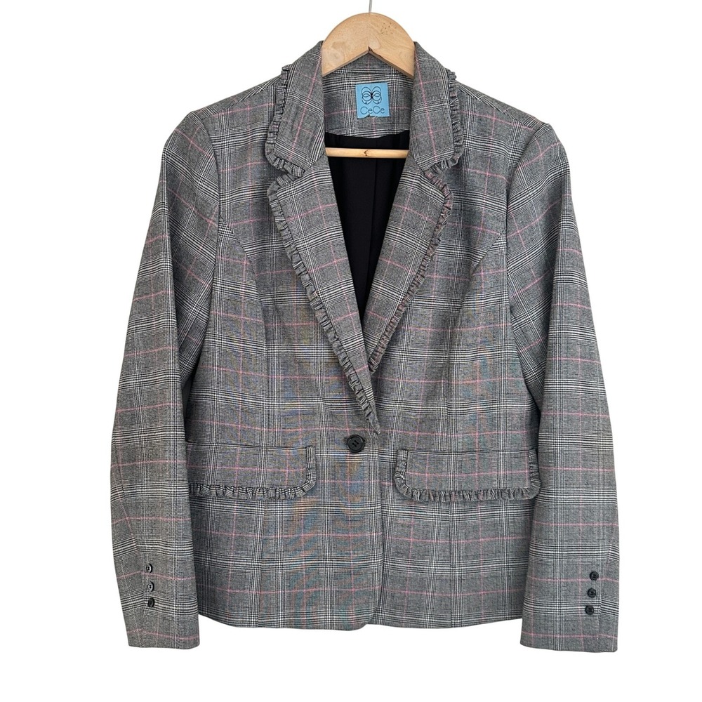 CeCe Womens Plaid Blazer Size S* Black Pink Office Career Preppy Feminine